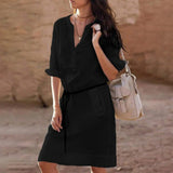 Cotton Long Sleeve V-neck Dress