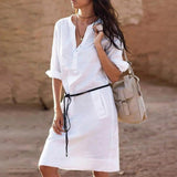 Cotton Long Sleeve V-neck Dress